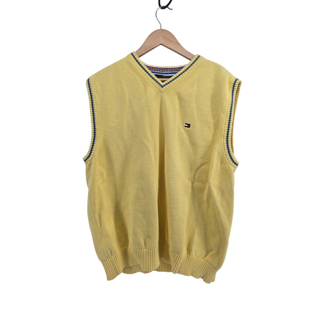 Tommy Hilfiger Sweater Vest Mens XL V-Neck Yellow Tipped Trim EUC